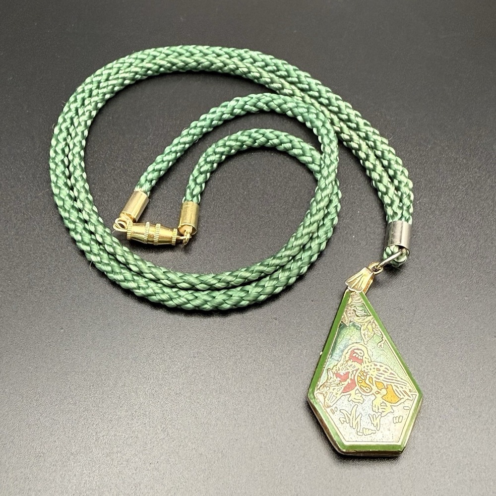 Vintage Cloisonné Enamel Bird Duck Pendant Gold Tone Green Braided Cord Necklace - Picture 7 of 11